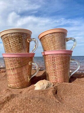 4 Raffia Plastic Melmac Insulated Pastel Coffee Cups Vintage Tiki Ware Wicker